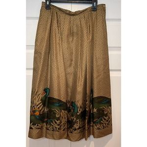 Lands End Vintage Womens 14 silk long full skirt Brown With ducks Pleats Flowers